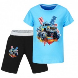 Size is 2T-3T(100cm) monster truck Print Shorts Sets for Kids Short Sleeve T-shirt and balck shorts for boys