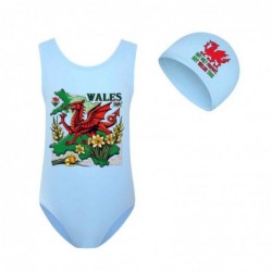 Size is 2T-3T(100cm) daffodil wales flag swimsuit 1 Piece cute Swimsuit For girls High Waisted Swimsuit with cap