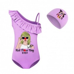 Size is 2T-3T(100cm) red nose day 2024 swimsuit for girls 1 Piece Swimsuit Ruffle One Shoulder with cap