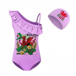 Size is 2T-3T(100cm) daffodil wales flag swimsuit for girls 1 Piece Swimsuit Ruffle One Shoulder with cap