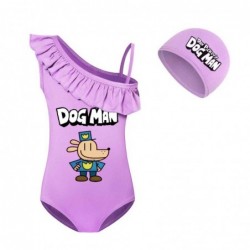 Size is 2T-3T(100cm) DOG MAN swimsuit for girls 1 Piece Ruffle One Shoulder Swimsuit with cap