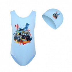 Size is 2T-3T(100cm) monster truck swimsuit For girls 1 Piece High Waisted Swimsuit with cap