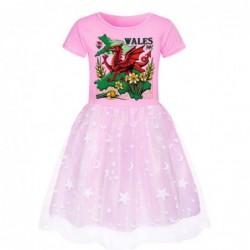 Size is 2T-3T(100cm) daffodil wales flag Short Sleeves Tulle Mesh Dress for girls 1 pieces summer dress
