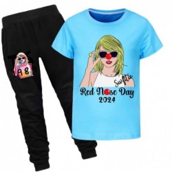 Size is 2T-3T(100cm) red nose day Short Sleeve T-shirt Top and black Pants Set Summer Outfits for kids