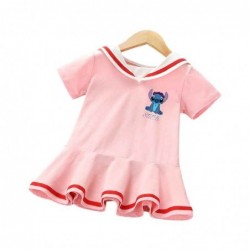 Size is 1.5T-2T(90cm) For girls Lilo Stitch Short Sleeve dress pink Sailor collar summer dress