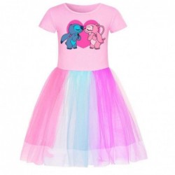 Size is 2T-3T(110cm) For girls Stitch and Angel Rainbow tulle mesh Short Sleeve dress