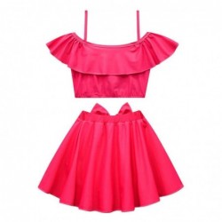 Size is 4T-5T(110cm) rose red Barbie movie 2 piece swimsuit for girls with skirt Ruffle Off Shoulder