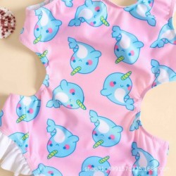 Size is 6-12M(80cm) Dolphin printed bowknot halter side-cutout one-piece swimsuit for girls