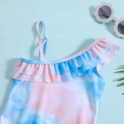 Size is 6-12M(80cm) colorful printed scallop-trim one-shoulder one-piece swimsuit for girls