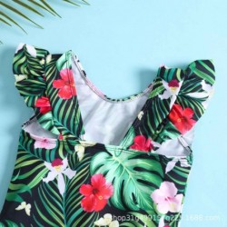 Size is 18M-24M(80cm) Flower printed side flounce 1 piece swimsuit for toddler girl Solid Scoop Neck
