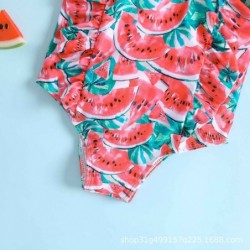 Size is 18M-24M(80cm) watermelon printed side flounce 1 piece swimsuit for girl Solid Scoop Neck