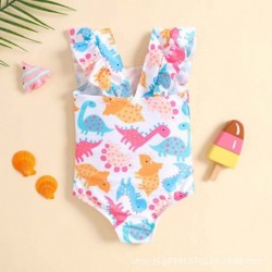 Size is 18M-24M(80cm) dinosaur printed side flounce 1 piece swimsuit for toddler girl