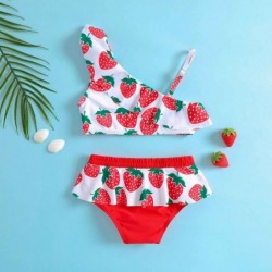 Size is 18M-24M(80cm) kawaii Strawberries two pieces Ruffle One Shoulder bikini for Toddler girls 3 years old
