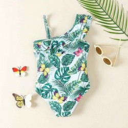 Large green leaf printed one piece Ruffle One Shoulder...