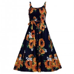 Button Down Sunflower Midi Dress With Pockets Black Women