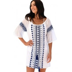 Size is Adult-OneSize Beach Dress Half Sleeve Embroidered Geometrical Print Fringe Blue