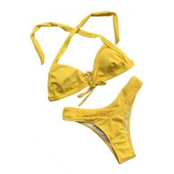 Size is S Sexy Halter Tie Front Plain High Cut Triangle Bikini Set Yellow