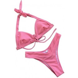 Size is S Sexy Halter Tie Front Plain High Cut Triangle Bikini Set Pink