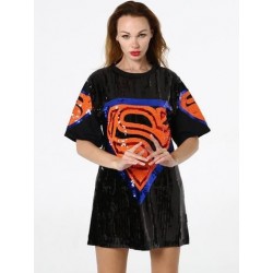 Size is S Short Sleeve Superman Print Sequin Top T Shirt Women'S Dress White