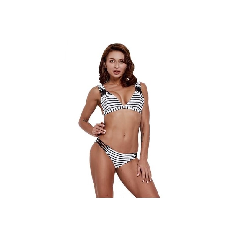 Color is 5 Sexy Strappy Striped V Neck Two Pieces High Cut Bikini Set