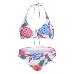 Size is S Floral Print Sexy Halter Backless Tie Side Bikini Set White