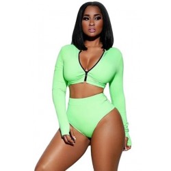 Size is S Zipper Front Long Sleeve High Waisted Plain Two-Piece Swimsuit G