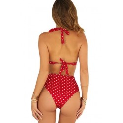 Size is S Sexy Halter Backless Polka Dot High Waisted Bikini Set Red