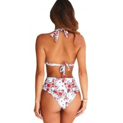 Size is S Floral Print Halter Backless High Waisted Bikini Set White