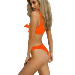 Size is S Sexy Tie Front Pleated Plain High Cut Bikini Set Tangerine