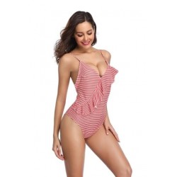 Size is S Striped Print  V Neck Backless Ruffle One Piece Swimsuit Red