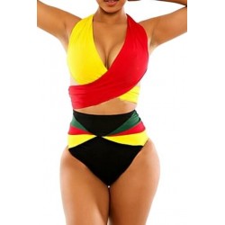 Size is S Yellow Halter Bandage Color Block High Waisted Sexy Bikini