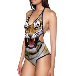 Size is S Sexy Womens Halter Tiger Printed Backless Monokini Khaki