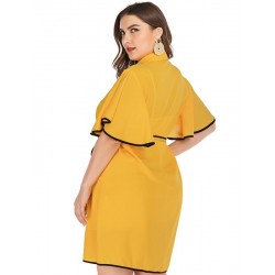 Size is 1XL Plus Size Yellow Polo Neck Button Down Tie Waist Dresses