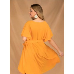 Size is 1XL Plus Size Ruffle Sleeve Button Down Loose Tie Waist Dresses