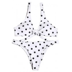 Size is S Sexy Scoop Neck Tie Front Polka Dot Print High Cut Bikini Set Beige W
