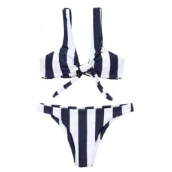 Size is S Sexy Scoop Neck Tie Front Striped Print High Cut Bikini Set Navy Blue