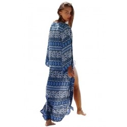 Size is Adult-OneSize Blue Bohemian Print Long Sleeve Open Front Beach Kimono Cover Up