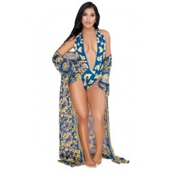 Size is S Long Sleeve Beach Cover-Up Saron With Deep V Halter Print Bikini