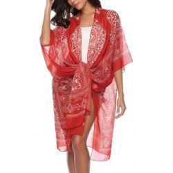 Size is S  Red 3/4 Sleeve Bohemian Print See Through Beach Kimono
