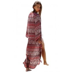 Size is Adult-OneSize Ruby Bohemian Print Long Sleeve Open Front Beach Kimono Cover Up