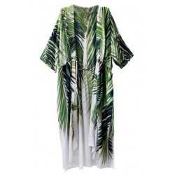 Size is Adult-OneSize Palm Leaf Print 3/4 Sleeve Drawstring Waist Beach Kimono Cover Up