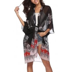 Size is S Black 3/4 Sleeve Bohemian Print See Through Beach Kimono