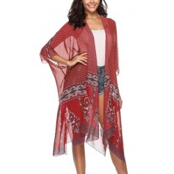 Size is S Red 3/4 Sleeve Bohemian Print See Through Beach Kimono Dark