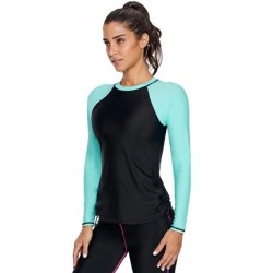 Size is S Long Sleeve Crew Neck Color Block Side Cinched Rash Guard Blue