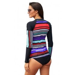 Size is S Crew Neck Long Sleeve Colorful Striped Rash Guard Purple
