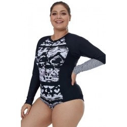 Size is S Long Sleeve Plus Size Abstract Print Zipper Front Rash Guard Black