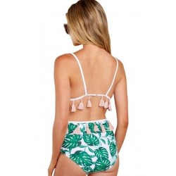 Size is S Green Tropical Print Fringe Mesh High Waisted Bikini Set
