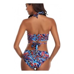 Size is S Plus Size Sexy V Neck Halter Cut Out Floral Print Bikini Set Blu