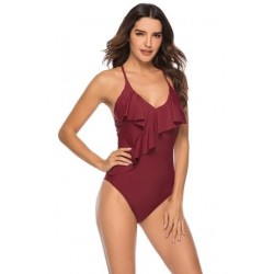 Size is S Sexy  V Neck Ruffle Cross Back One Piece Swimsuit Burgundy