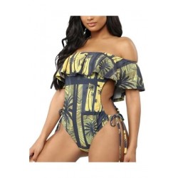 Size is S One Piece Swimsuit Off The Shoulder Ruffle Tropical Side Tie